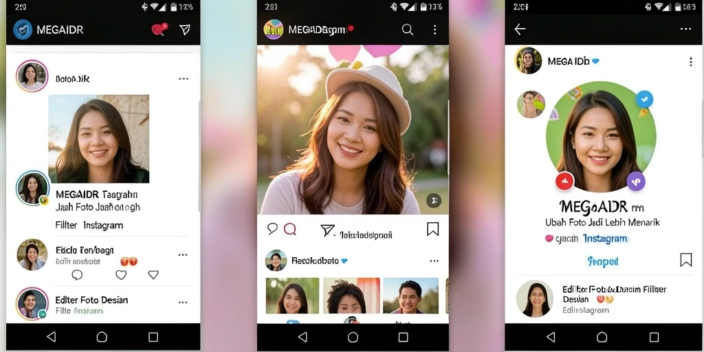 Tampilan antarmuka aplikasi MEGAIDR dengan berbagai filter Instagram.